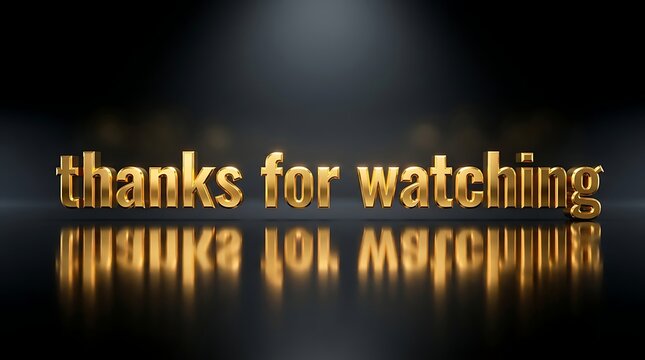 Golden 3d text thanks for watching with reflection on black background for end screen or outro video presentation celebration occasion.