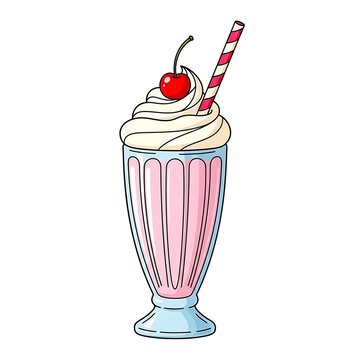 Strawberry milkshake with whipped cream and a cherry illustration