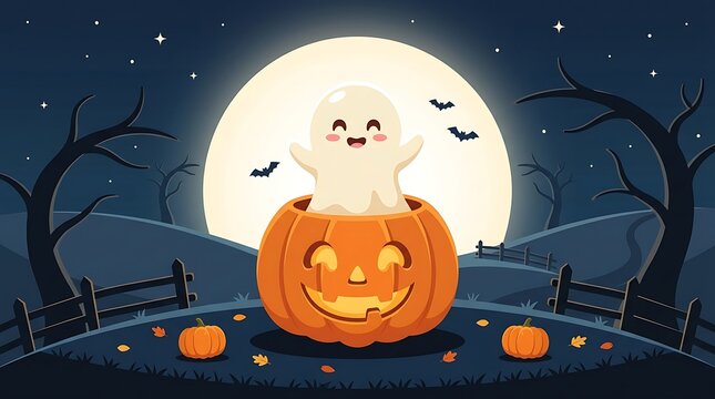 A spooky halloween night scene featuring a glowing jack o' lantern a full moon silhouetted trees and a playful ghost floating above creating a