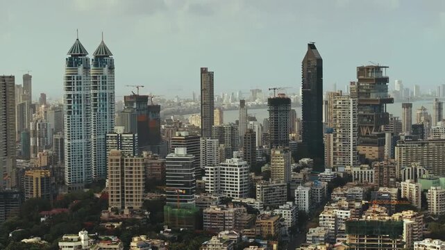 Aerial view of Mumbai Skyline, high-rise buildings in South Mumbai, Maharashtra, India. Cinematic shot of an Indian cityscape. Most posh areas in Mumbai.