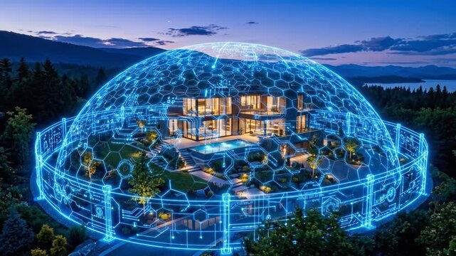 Smart home luxury house hologram technology network security mountain forest lake dusk scene with glowing blue dome display around futuristic residence calm cyber protection view