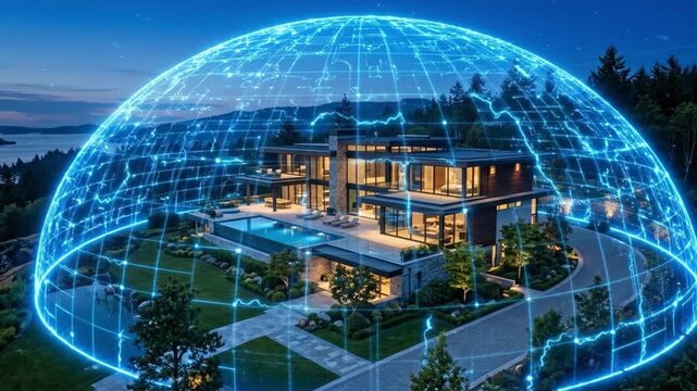 Smart home technology security network for luxury residence, digital dome over house, glowing grid, blue protective data shield, night forest architecture concept