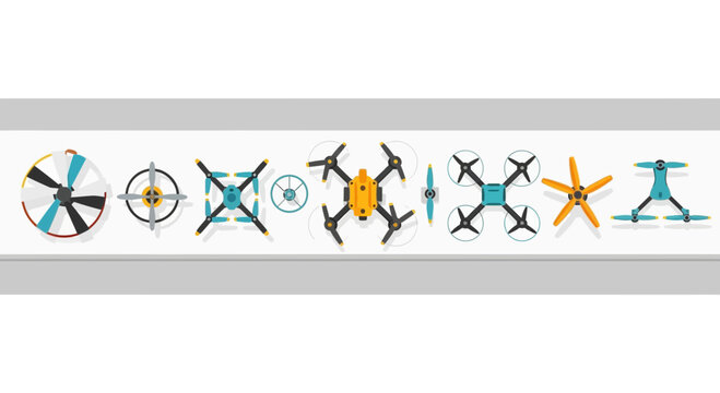 Flat design drone and quadcopter icon set in horizontal row. Top-down UAV aerial vehicles and propellers collection for technology and aviation projects.