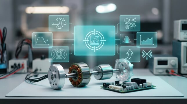 Close-up of a disassembled high-performance brushless motor and custom logic controller board with futuristic holographic data overlays in a laboratory setting