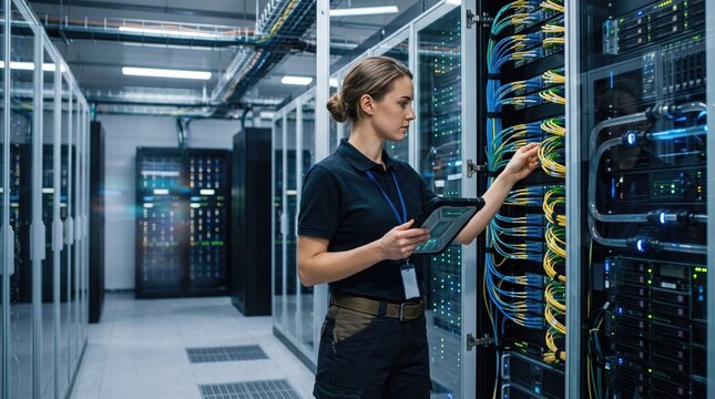 A technician manages server connections in a data center, ensuring smooth operations and network integrity.