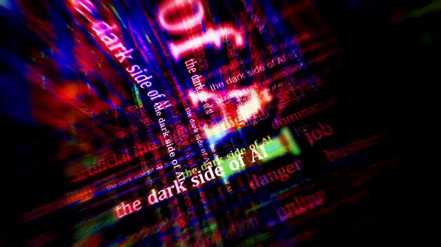 Dark side of AI headline news titles across media. Abstract concept displays loop. Flight between screens with glitch effect seamless looped 3d.