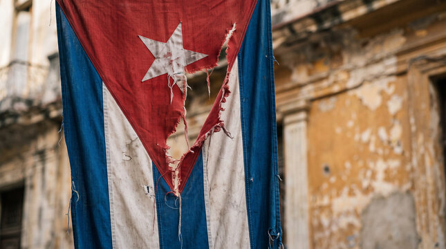 Torn Cuban flag hanging against a weathered building. Symbol of national hardship, political tension, economic crisis, and strained diplomacy between Cuba and the United States.