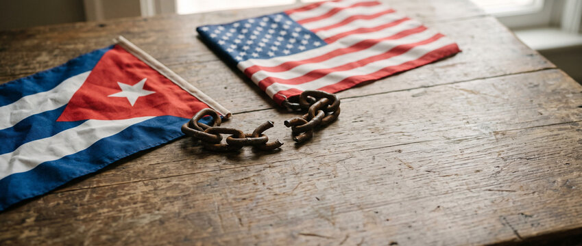 Cuban and American flags linked by a broken chain on a rustic table. Symbol of strained relations, diplomatic tension, embargo, negotiation, and political reconciliation between Cuba and the United