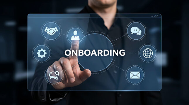 Businessman touching virtual screen with onboarding text and employee recruitment icons