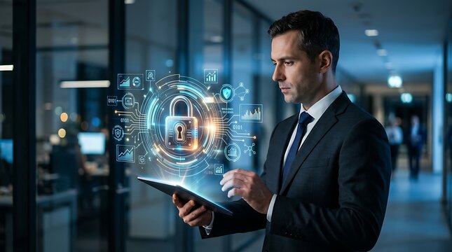 Man in business suit using tablet displaying glowing holographic interface with security lock icon digital data charts and network connections representing cybersecurity and data protection.
