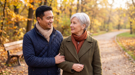 Fototapeta premium Younger man accompanies a senior woman on a walk through an autumn park, capturing companionship, emotional support, active aging and warm intergenerational connection