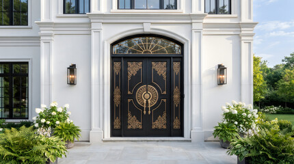 Obraz premium Grand entrance of a luxurious white mansion with intricate black and gold decorative double doors entrance building