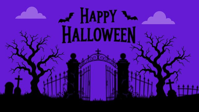 Animated Halloween background featuring a spooky graveyard fence silhouette &ndash; with text &ndash; motion graphics video
