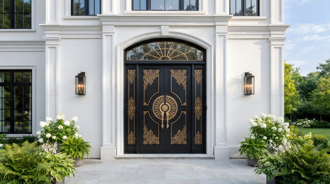 Grand entrance of a luxurious white mansion with intricate black and gold decorative double doors entrance building