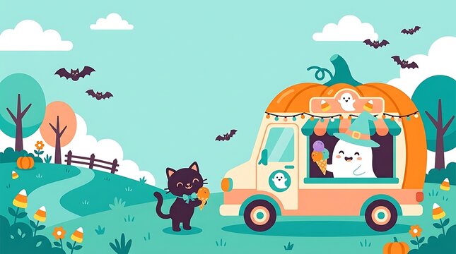 A whimsical halloween scene unfolds with a charming pumpkin shaped ice cream truck a curious black cat and a spooky yet delightful atmosphere for