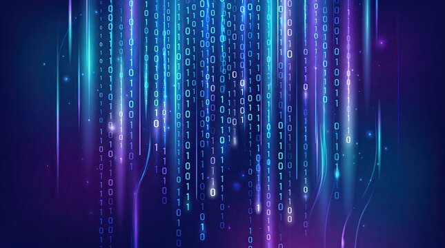 Abstract digital data streams with binary code symbols in vibrant colors, representing advanced technology and innovation.