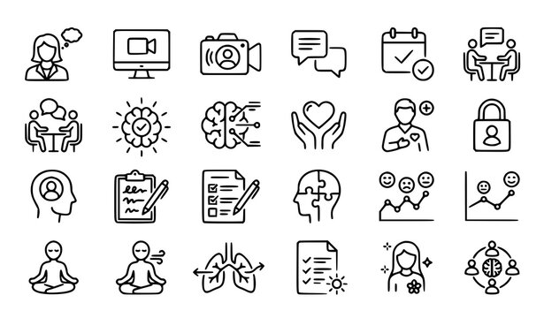 Mental wellness and psychology editable line icon collection featuring emotions stress anxiety meditation sleep confidence focus therapy and personal growth