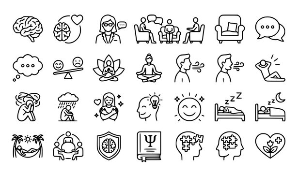 Psychology and mental health editable stroke line icon set featuring therapy mindfulness emotions brain wellness stress relief and self care