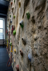 Fototapeta premium Indoor rock climbing wall with colorful holds and safety ropes, fitness and adventure sport training