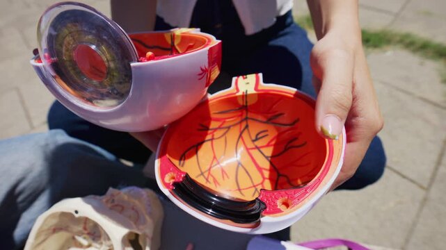 A person demonstrates a detailed human eye anatomy model, showing its internal structure. This educational tool is ideal for science study and understanding vision.