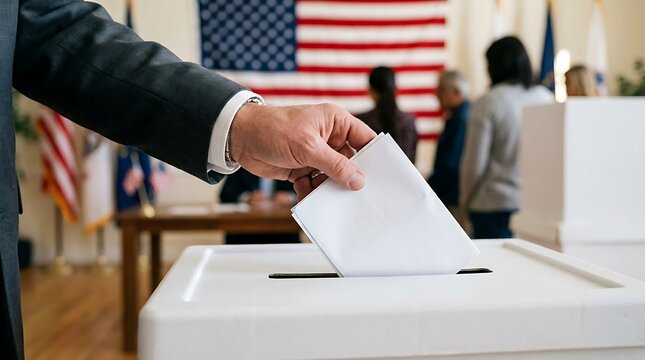 Voter casting ballot into voting box at polling station with American flag background, democratic election and voting participation concept.