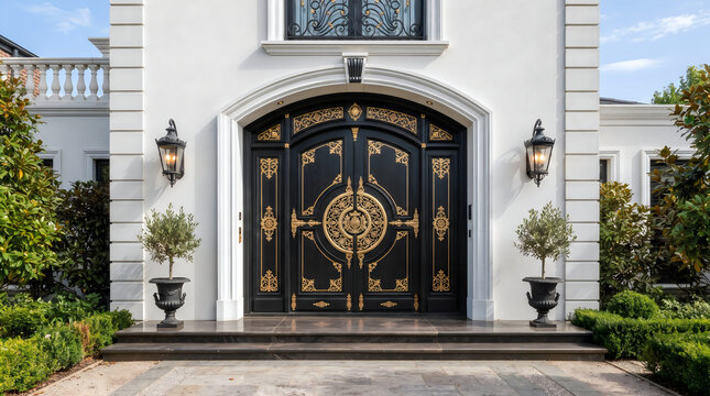Elegant white mansion entrance with ornate black and gold double front doors and classic wall lanterns, entrance