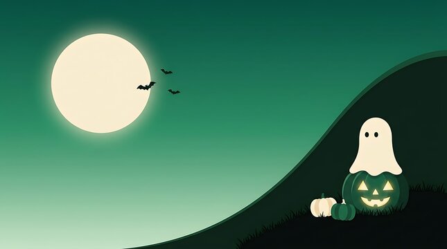 A spooky and enchanting halloween night scene with a full moon silhouetted bats a friendly ghost and a jack o' lantern in a dark