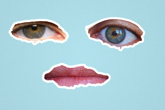 Surreal collage with cutout eyes and red lips on blue