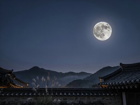 추석선물 한옥 지붕 사이 보름달과 산안개 억새가 있는 고요한 밤