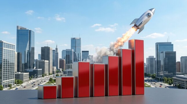 Space rocket launching above red bar graph in front of city skyline representing startup success and growth