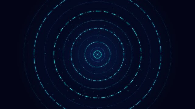 Futuristic HUD Target Radar Interface, Animated Cyan Blue Circular HUD Graphic with Rotating Concentric Rings and Scope Crosshair for Sci-Fi Sci-Tech Video UI