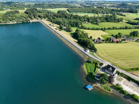 Aerial view of the Bever Reservoir in the Oberbergischer Kreis district of North Rhine-Westphalia. H&uuml;ckeswagen, Germany.