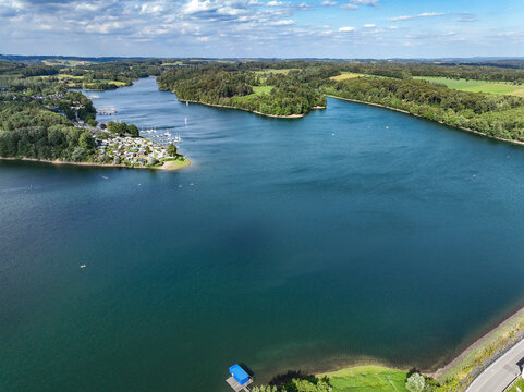 Aerial view of the Bever Reservoir in the Oberbergischer Kreis district of North Rhine-Westphalia. H&uuml;ckeswagen, Germany.