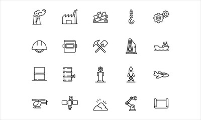 Fototapeta premium Set of 20 icons related to heavy industry, aerospace, shipbuilding, production, mining, industrial.