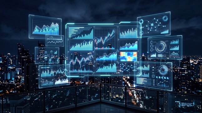 Futuristic data visualization displays over a city skyline showcasing analytics and digital graphs at night.