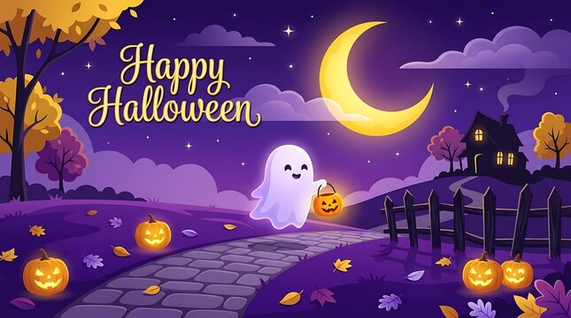 A spooky and delightful halloween scene a charming backdrop featuring a friendly ghost glowing pumpkins and a crescent moon under a starry night sky