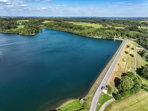 Aerial view of the Bever Reservoir in the Oberbergischer Kreis district of North Rhine-Westphalia. H&uuml;ckeswagen, Germany.
