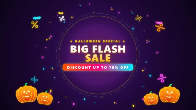 Halloween special big flash sale motion graphic banner with glowing pumpkins bats and percent signs for autumn holiday discount promotion