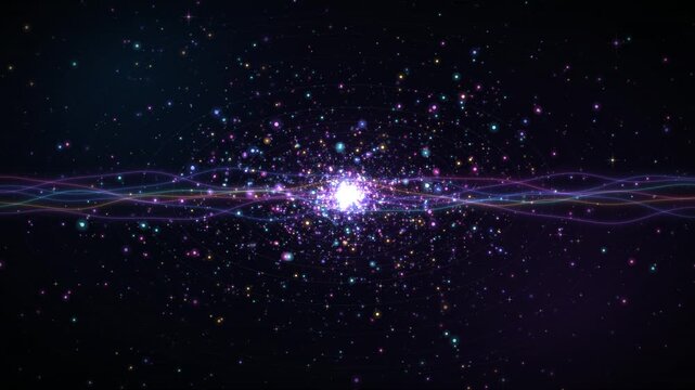 Abstract Cosmic Particle Burst and Glowing Light Waves, Vibrant Nebula Space Explosion Background with Sparkling Magic Dust and Digital Audio Waveforms