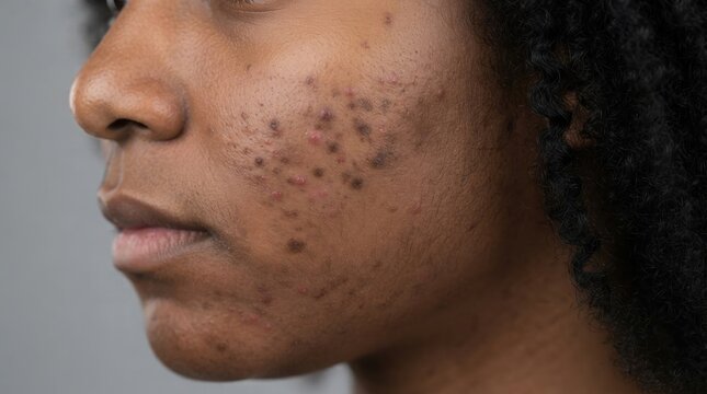 Facial skin displaying significant post inflammatory hyperpigmentation and noticeable scarring