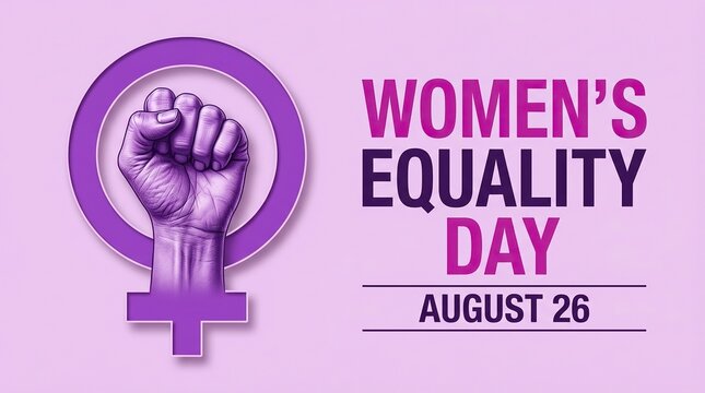 Women equality day poster with purple fist symbol. August 26 text features feminist empowerment message. Gender rights movement graphic for awareness campaign.