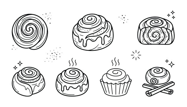 Cinnamon roll line icon set featuring sweet pastry bun glaze swirl frosting muffin cup and baking spice vector