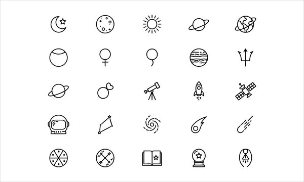 Set of 20 icons related to space and astronomy and astrology. Outline symbols collection. Editable stroke