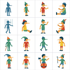 Fototapeta premium Collection of Pinocchio Characters with Long Noses.