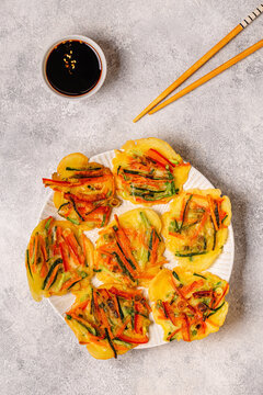 Fried Korean pancakes (jeon) with various vegetables