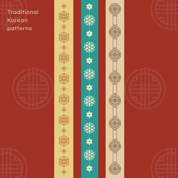 Traditional Korean pattern set with vertical lattice and flower borders on red background