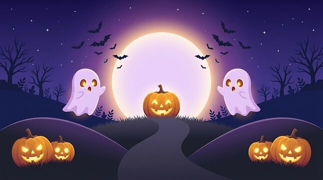 A spooky halloween background featuring glowing jack o lanterns and cute ghosts under a large full moon in a dark night forest