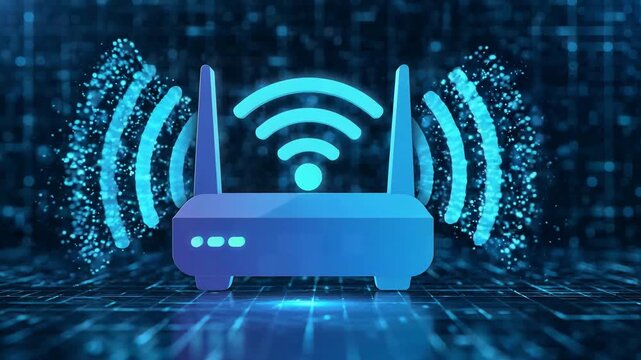 Glowing 3D wireless wifi router icon transmitting digital network data signal waves on futuristic blue cyber technology grid background concept for fast internet connection