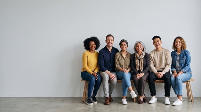 Diverse group of six people of various ages and ethnicities sitting together on a bench smiling