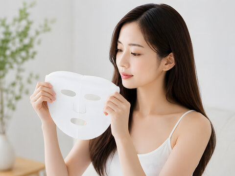 スキンケア用のシートマスクを手に持つ若い日本人女性